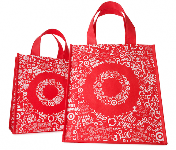 a pair of red and white shopping bags