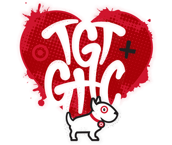 An illustration of Bullseye the dog standing in front of a read heart with white text that reads TGT + GHC