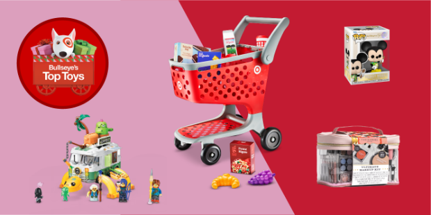 The Bullseye’s Top Toys logo and several toys, including a Target toy shopping cart and FAO Schwarz Ultimate Makeup Kit on a pink and red background.