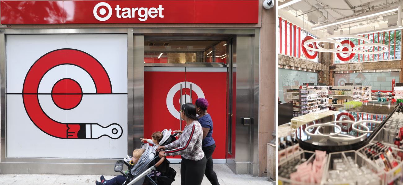 Left, a couple push a stroller in front of the outside of a small format Target store with red and white signs; right, the inside of a small format store with product displays.