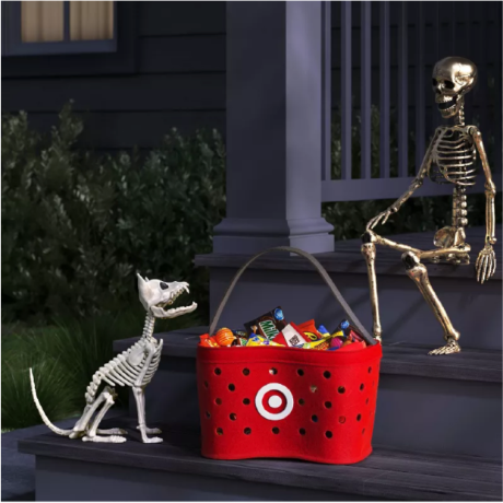 A decorative skeleton and skeleton dog sit outside of a house near a Target basket filled with candy.