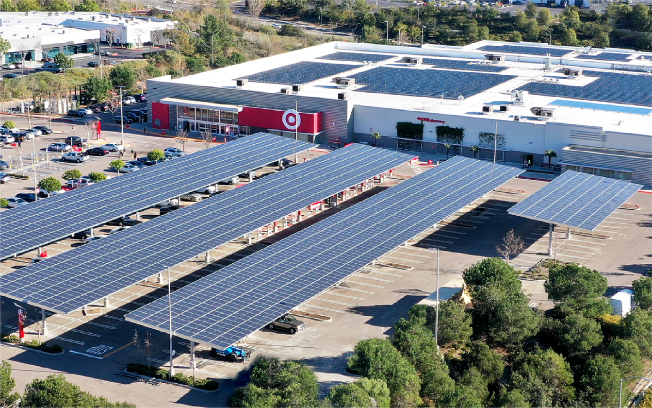 Solar panels covering the lot of Target’s Vista, Calif., store.