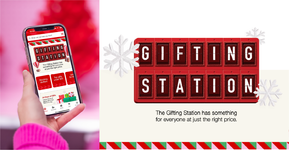 Two photos (left to right), an iPhone displaying the Gifting Station page in the Target app and the Gifting Station landing page on Target.com.