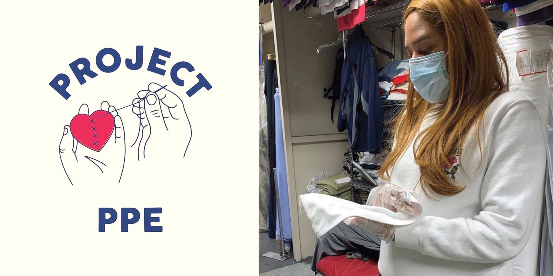 on left, an illustrated logo for Project PPE, on right a woman wearing mask cuts material