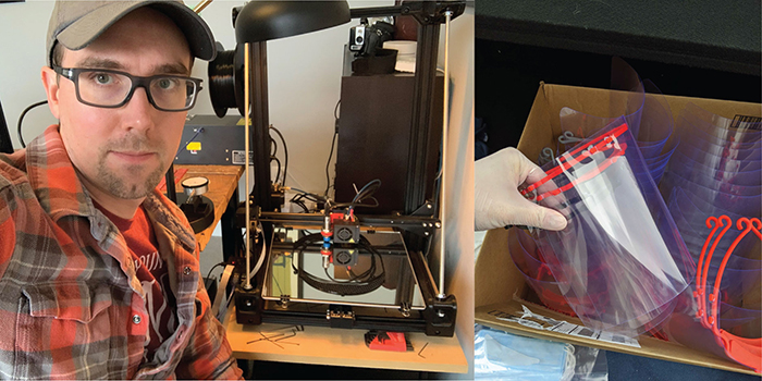 Left, Rick Walstrom stands in front of his home 3D printer; right, a gloved hand holds up face shields from a cardboard box of supplies created as donations.