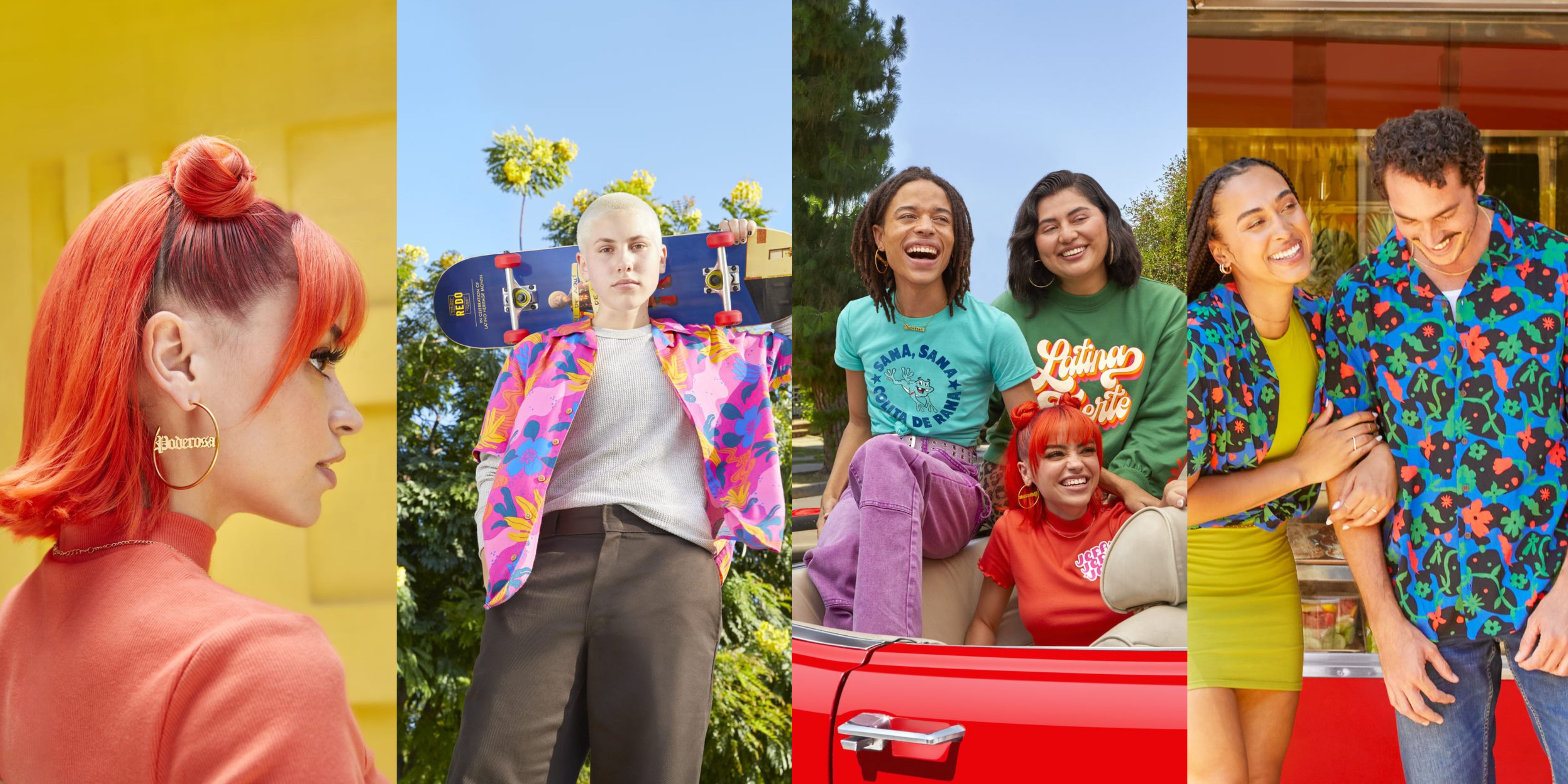 A side-by-side collage of four Más Que marketing photos, featuring Latinos wearing brightly colored clothing model products from the Latino Heritage Month exclusive collection.