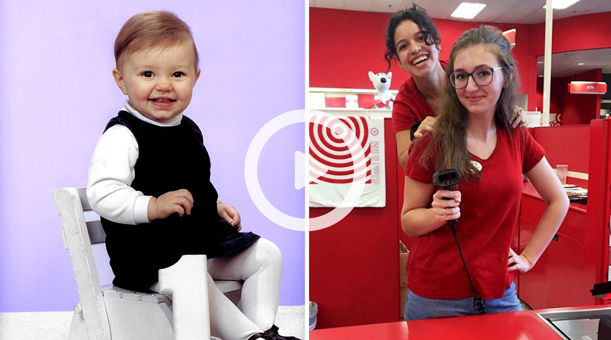 video play button overlay of two photos, a small child and a Target team member