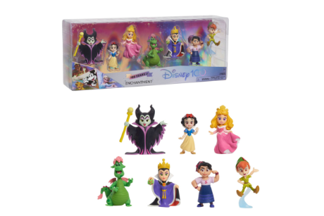 A set of Disney character figurines displayed in their packaging and standing alone.