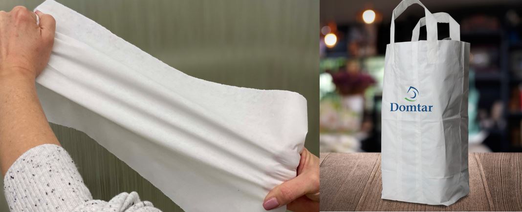 A collage of two images: on left, a person's hands stretch a material to show it is strong; on right, a white reusable bag with the Domtar& logo on the front.