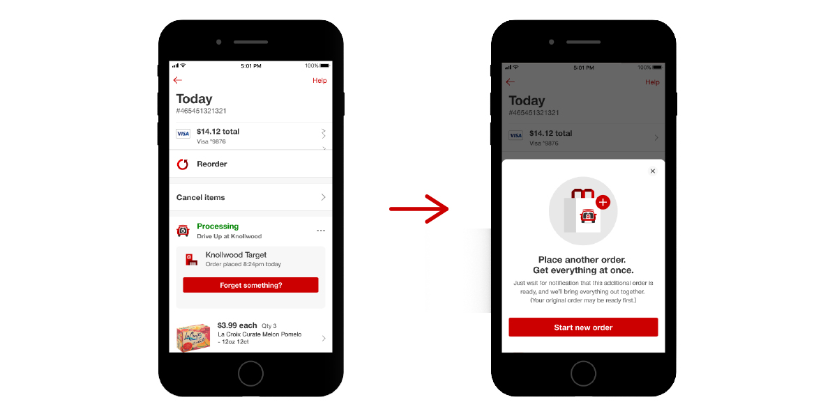 Two images, each showing a cell phone navigating the steps to add a forgotten item to a new Drive Up order using the Target app.