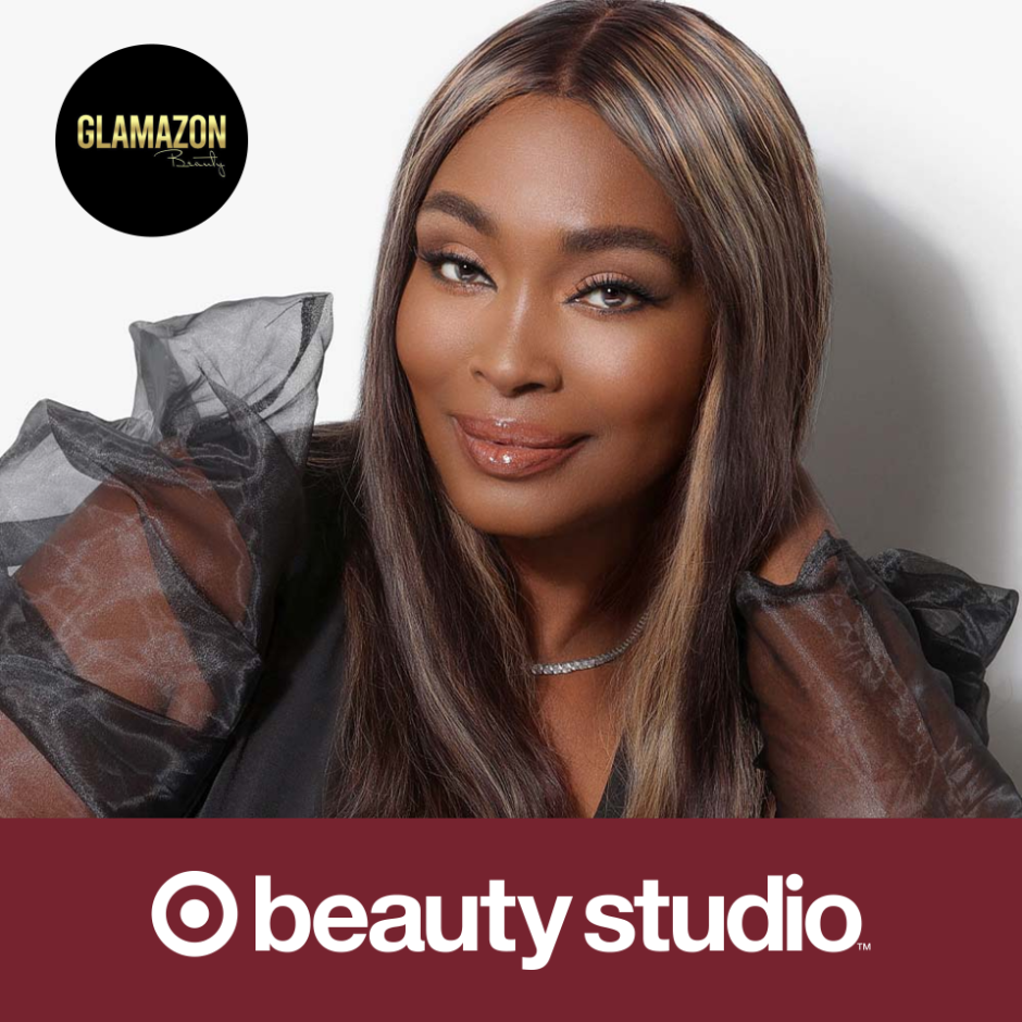 A close-up of Glamazon Beauty founder Kim Baker, with the Glamazon logo in the upper right corner and a red bar below the photo with the bullseye logo and “beauty studio” in white.