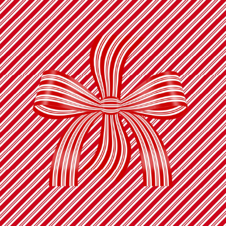 A red-and-white candy-cane-striped background with a bow in the center.