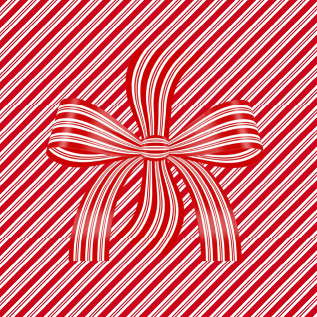 A red-and-white candy-cane-striped background with a bow in the center.