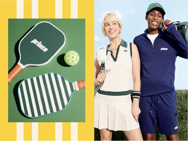 Two green Prince pickleball paddles and a pickleball; a model wearing a white pleated skirt and white collared tank and a model wearing a dark blue Prince for Target half-zip pullover and shorts.