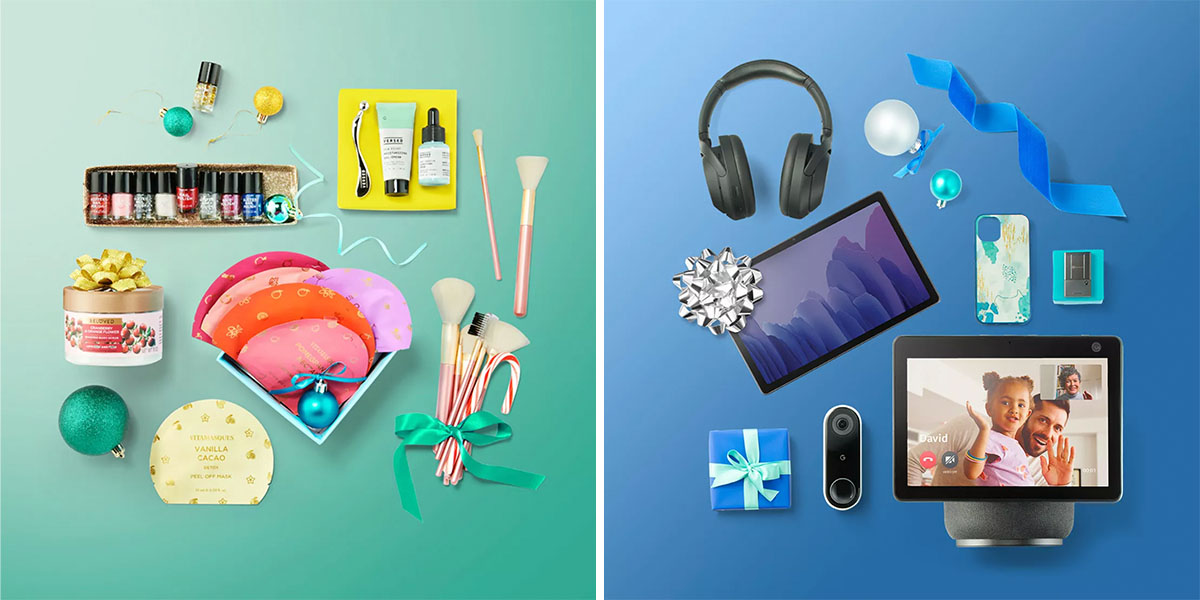 A two-image collage; the first is beauty gifts on a green background and the second electronics items on a blue background.