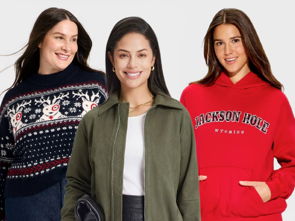  three models wearing a holiday print sweater, green suede zippered jacket and a red hoodie sweatshirt with the words “Jackson Hole” on the front.