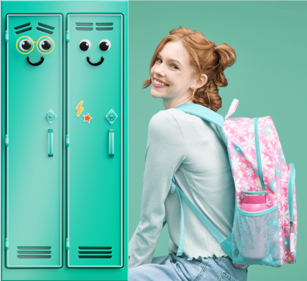 Two lockers with magnets that look like smiling faces, and a model wearing a pink backpack.