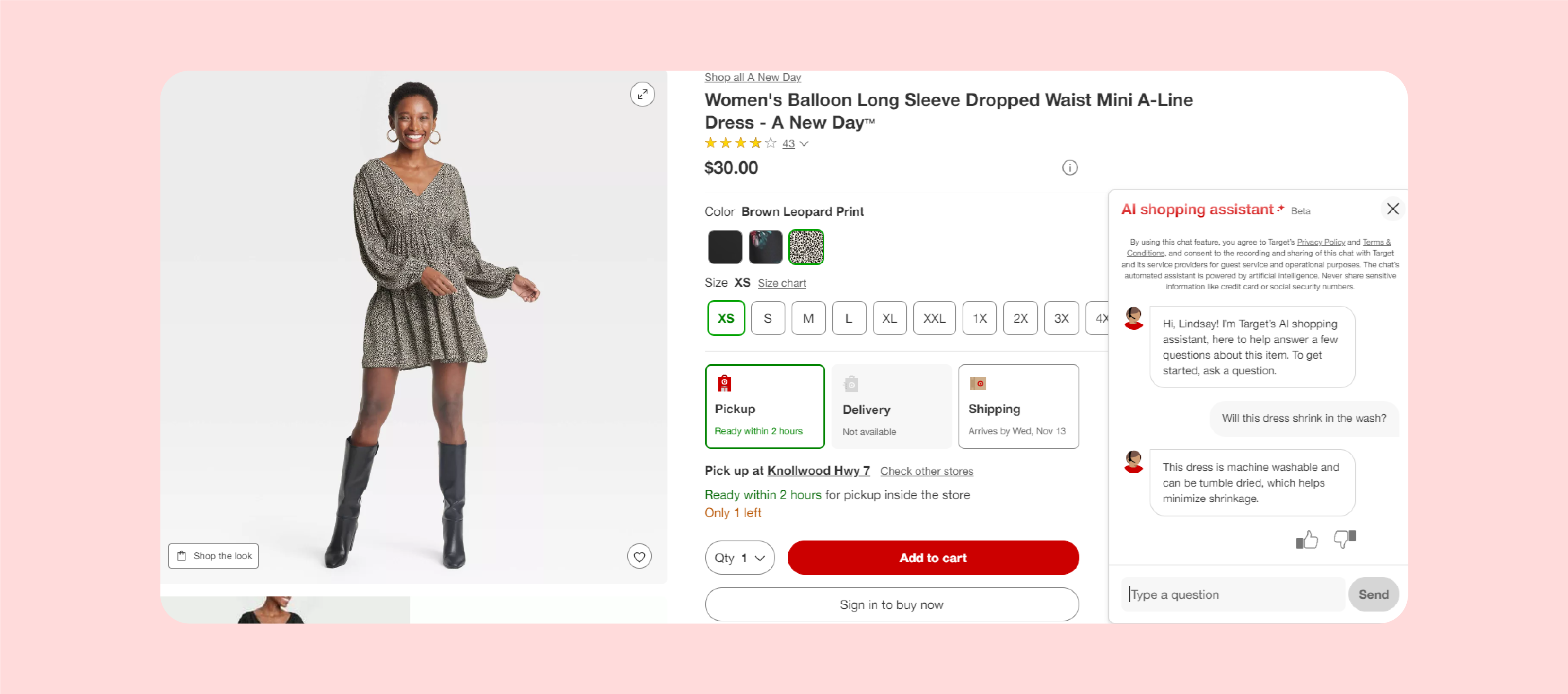 A Target.com product page shows a model in a party dress with product information and the Shopping Assistant chat feature answering a guest’s question.