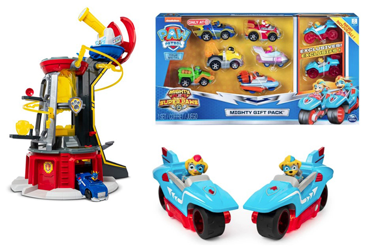 A product collage with the gift pack, lookout tower and power split vehiclefigures