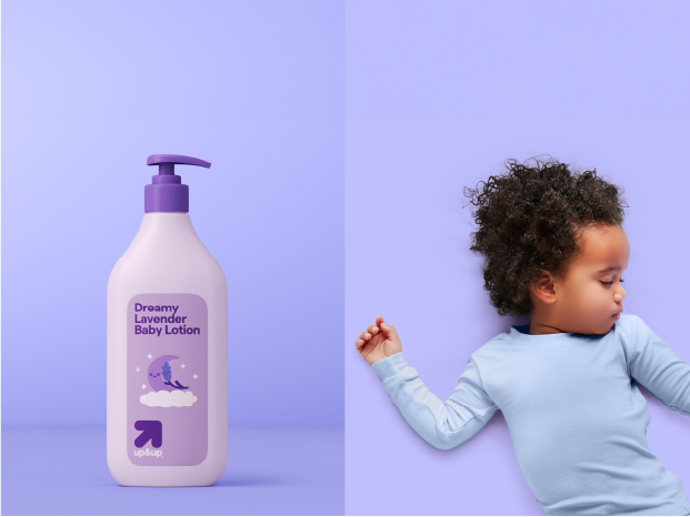 up&up Dreamy Lavender Baby Lotion next to a sleeping baby.