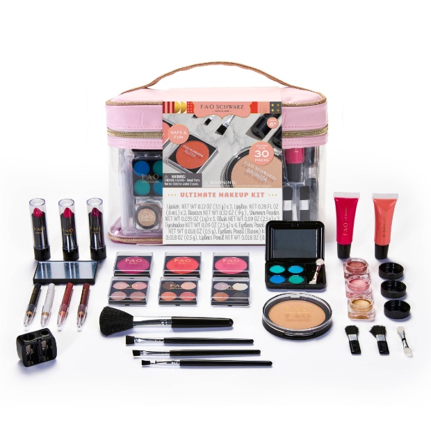 Colorful children’s makeup kit featuring a variety of pretend cosmetics, brushes, and accessories neatly arranged in a stylish carrying case.