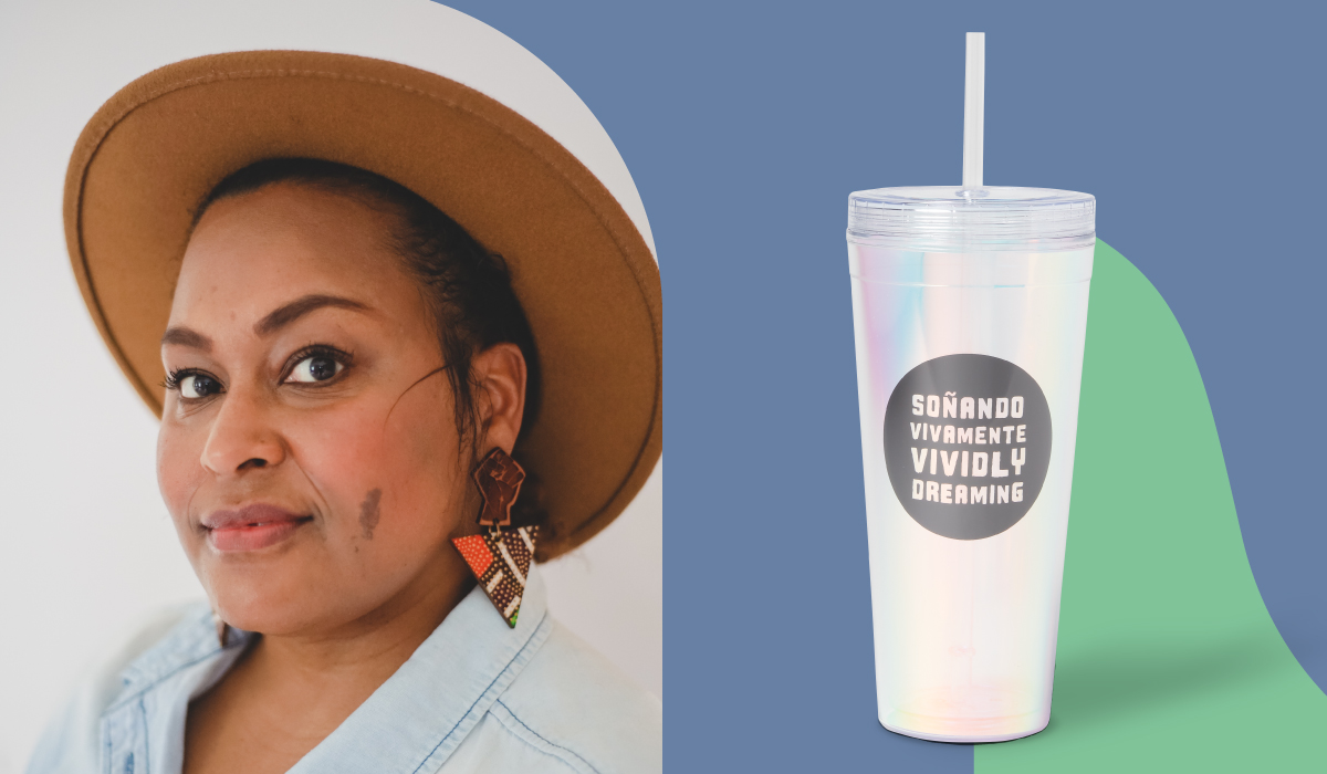 Side-by-side images: Left: A smiling woman wearing a hat with a birthmark on her left cheek. Right: A holographic tumbler with the phrase “Sonando Vivamente” printed on the front.