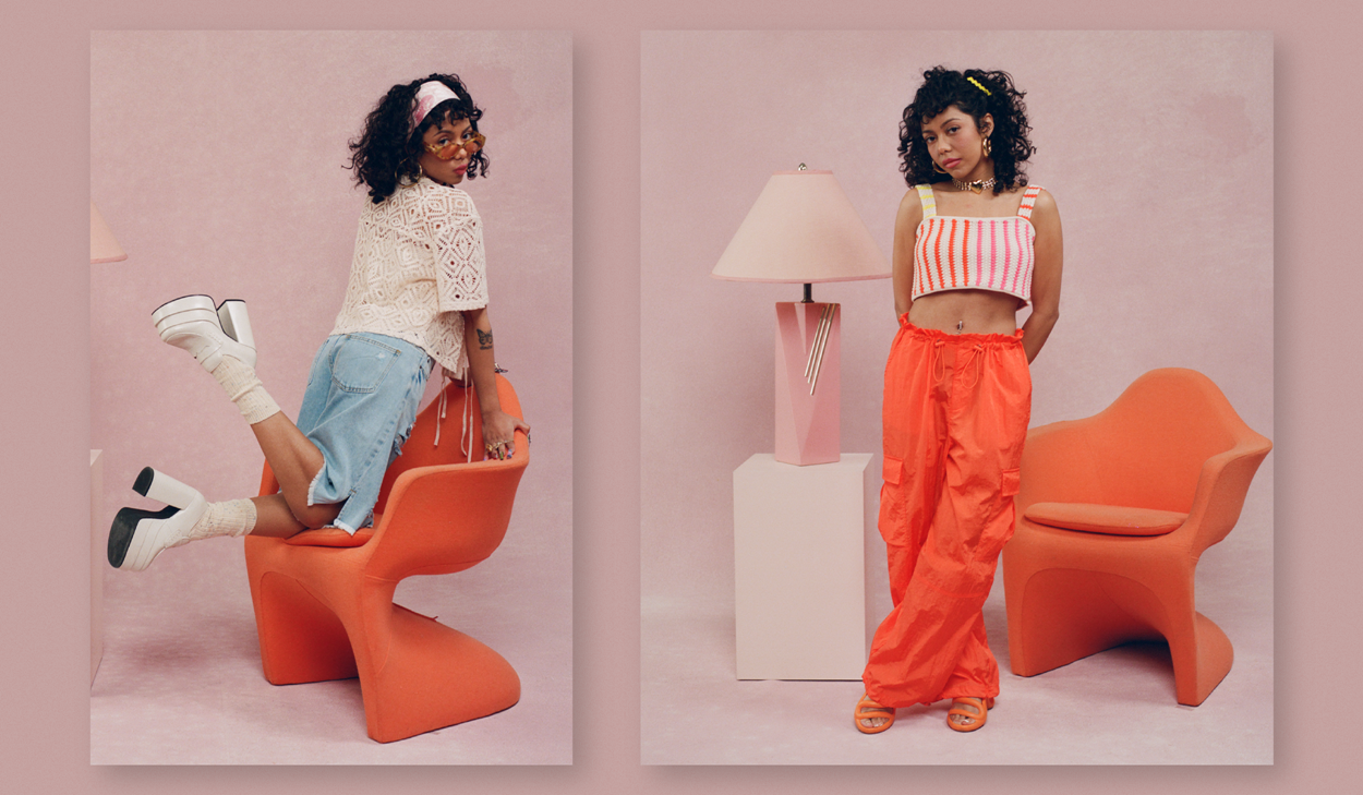 Two images of Alani Noelle posing with an orange chair and wearing outfits from her collection.