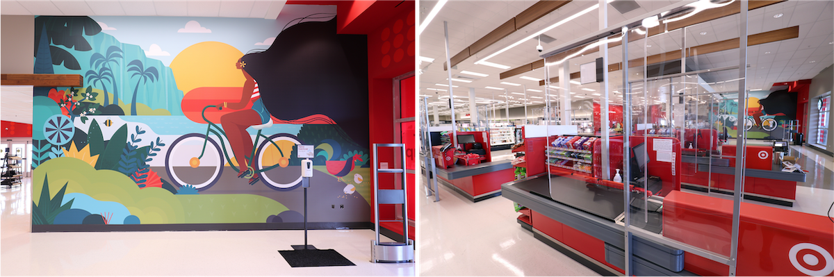 Two pictures. At left, a colorful mural painted on an interior wall depicting a woman biking on a beachside path. At right, a series of Target checkout lanes with plexiglass shields in front.
