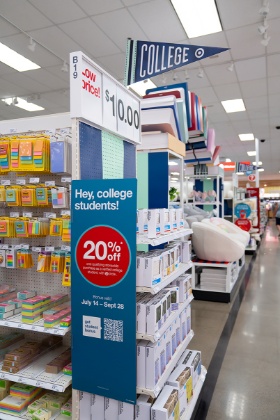 A Back-to-College display featuring a prominent 20% discount in a bold red bubble.
