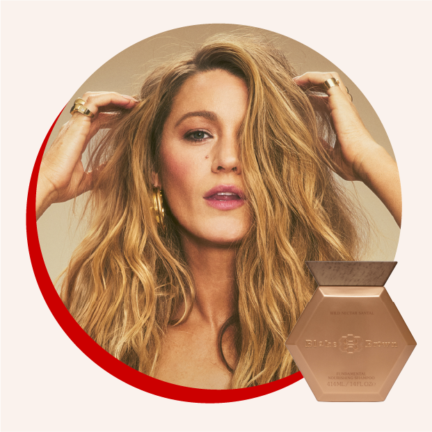 A round close-up image of Blake Lively and an image of a bottle of Blake Brown shampoo.