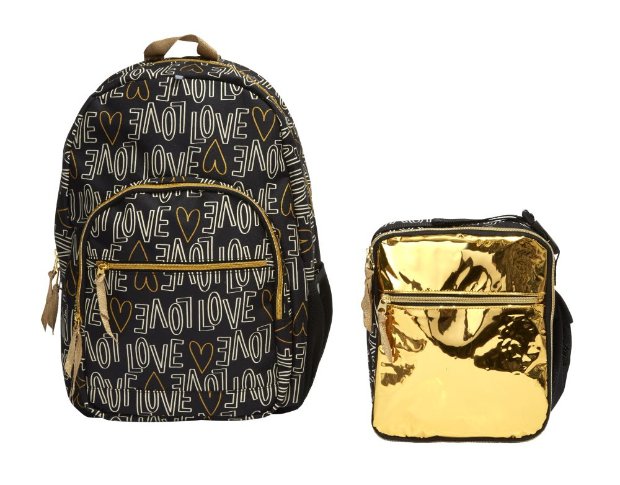 a pair of black and gold handbags