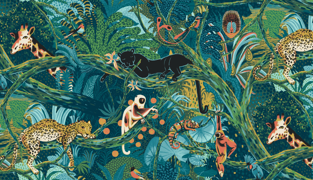An elaborate painting of a colorful jungle scene
