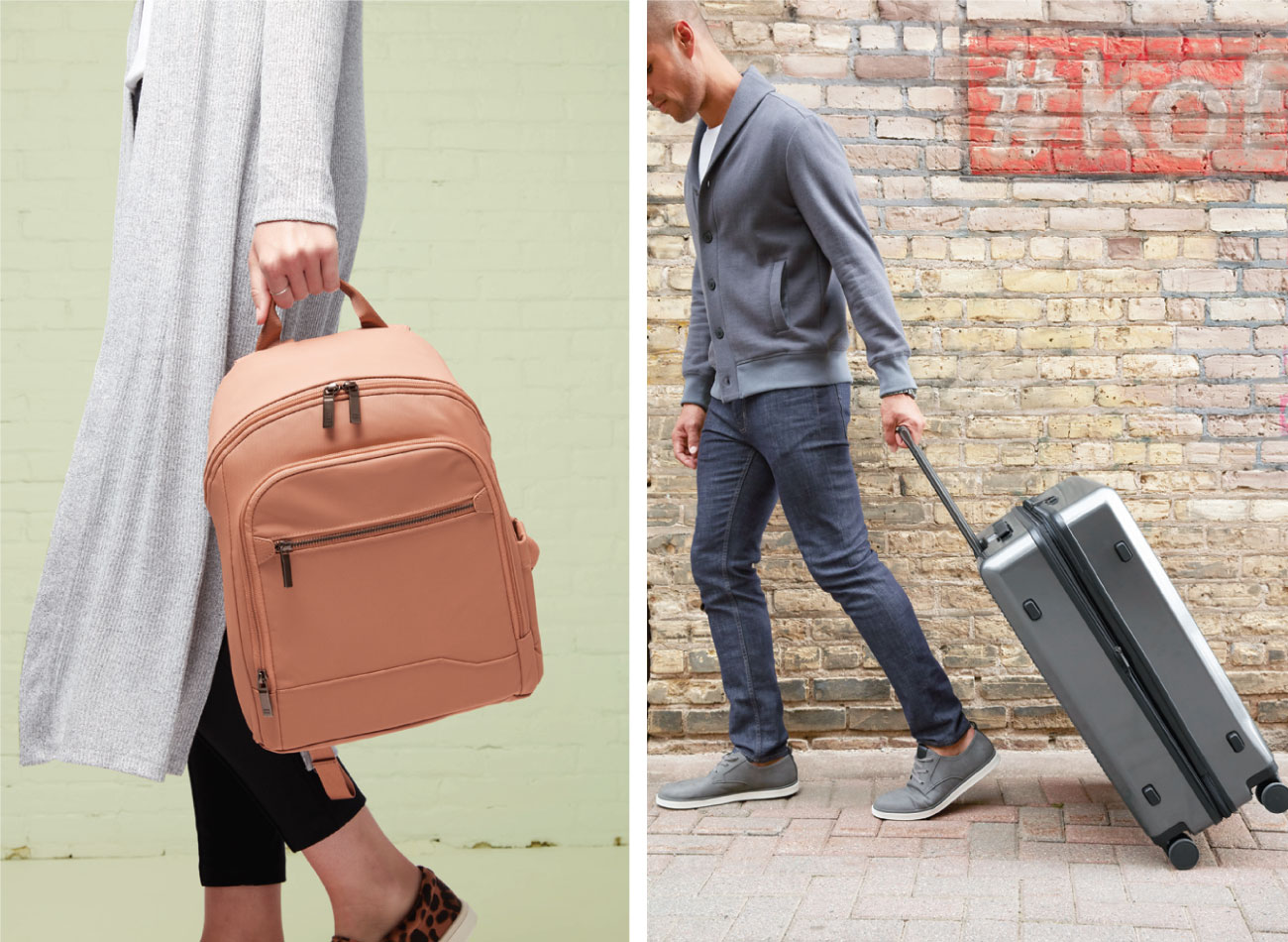 Left, a model carries a medium cedar backpack; right, a model pulling a large silver rolling bag