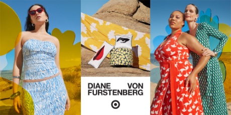 Three images of Diane von Furstenberg for Target designs, including models in spring dresses and home decor, above the Diane von Furstenberg for Target logo.