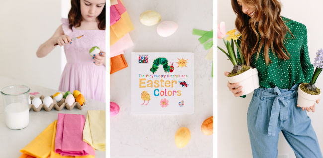 Three-photo split showing a girl decorating an egg, an Easter book and Camille holding faux potted flowers