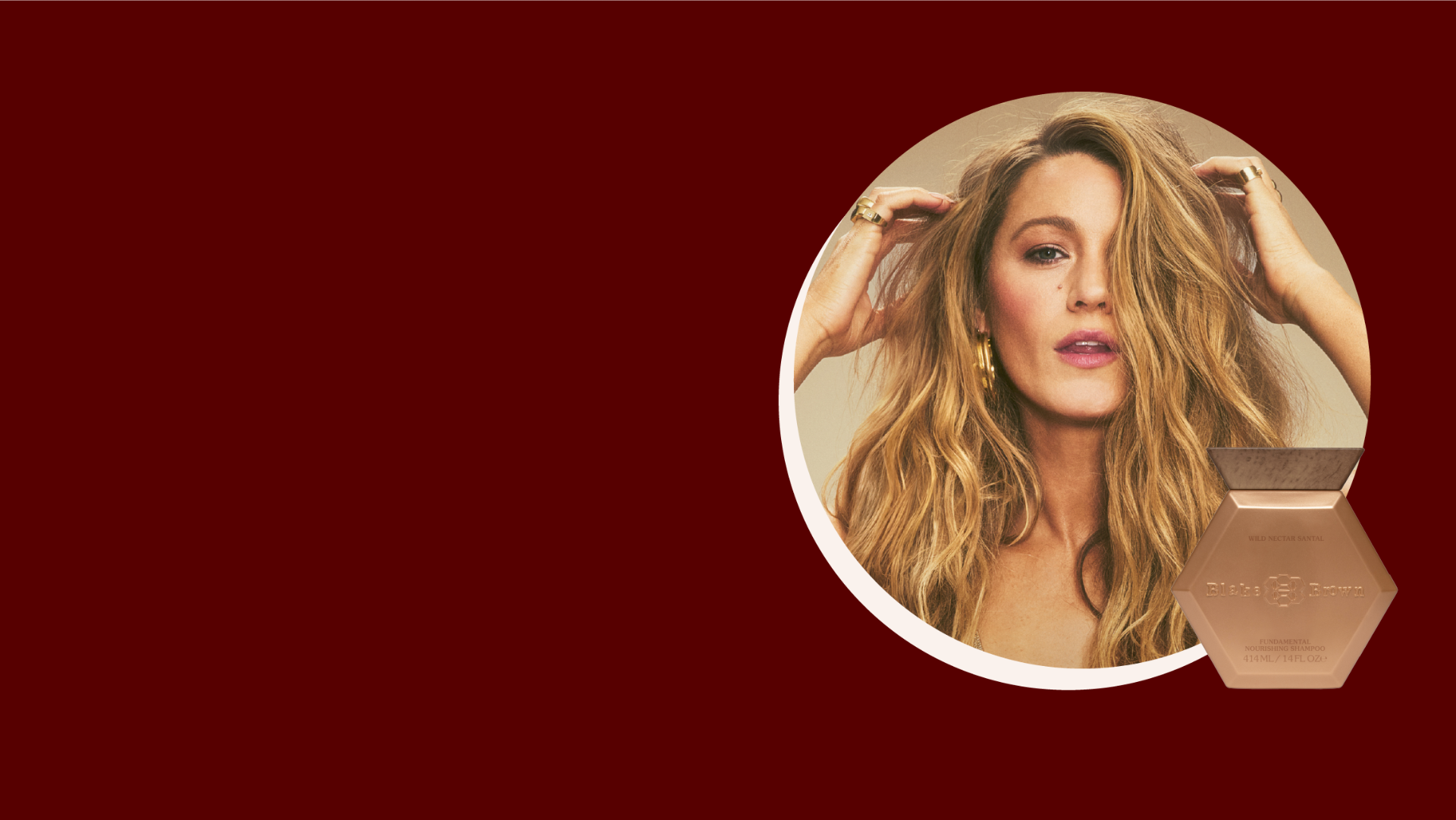 A round close-up image of Blake Lively and an image of a bottle of Blake Brown shampoo.