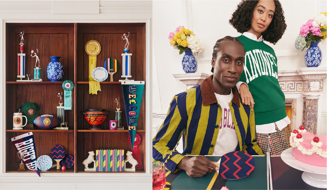 A collage showing a shelf filled with colorful home décor and two models behind a colorful ping pong table.