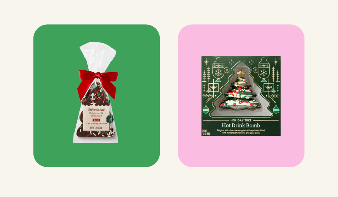 Images of Favorite Day holiday chocolate bark and cocoa bomb.