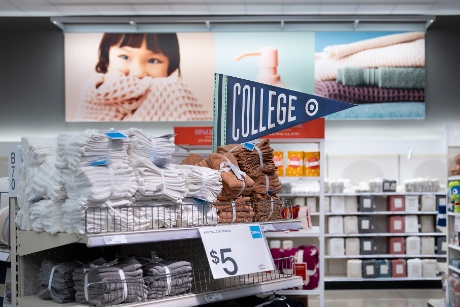 Back-to-College display featuring a variety of essentials with a prominent $5 price point offer.