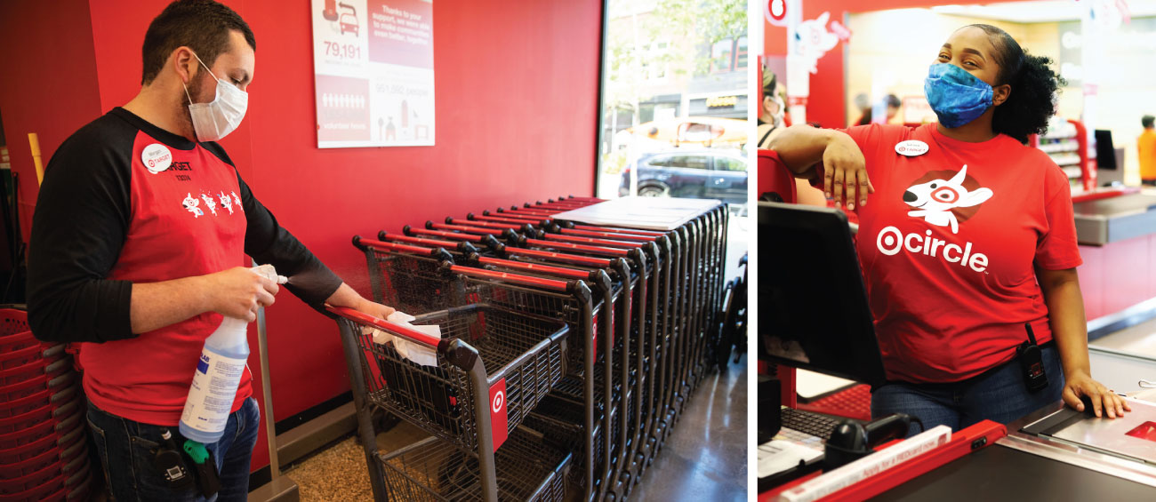 A two-photo collage featuring a man cleaning a grocery cart on the left and a woman in a face mask and red shirt standing at checkout on right.