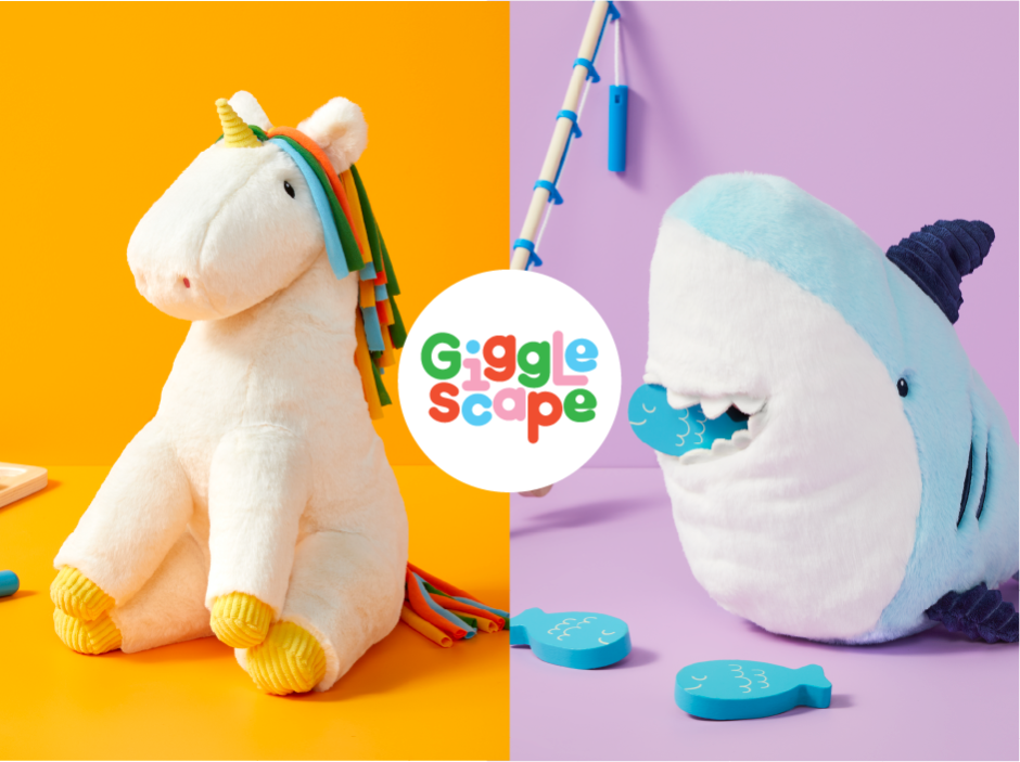 A plush unicorn on a gold background and a plush shark on a purple background, with the Gigglescape logo in the center of the frame.