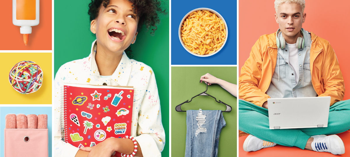 A color-blocked collage features two smiling models and a variety of school and college supplies and accessories