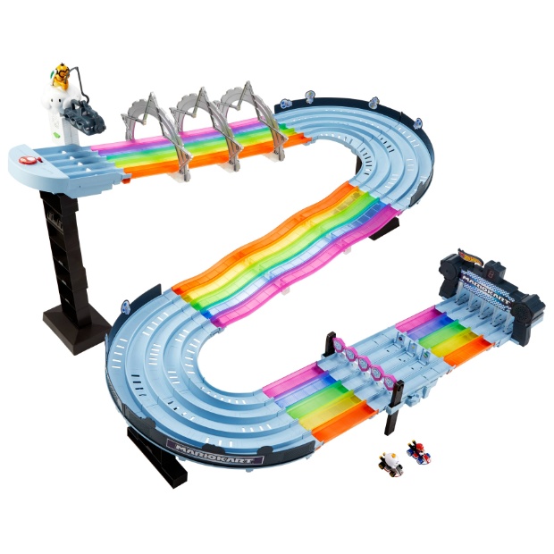 Expansive toy car track set that features a vibrant, multicolored “rainbow” layout with inclines and loops