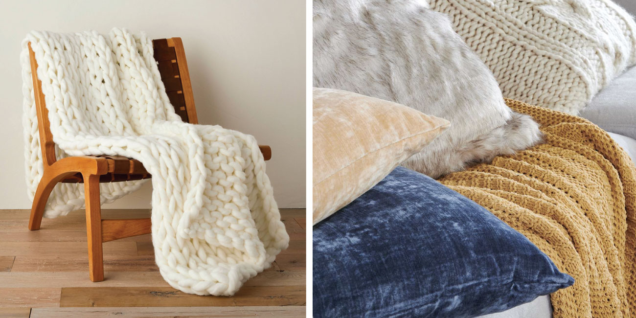 Two images show cozy throws in pillows in neutral colors