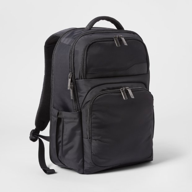 a black backpack with a strap