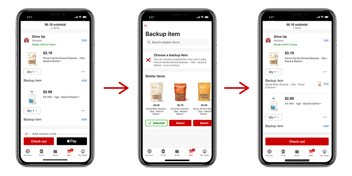 A series of three images, each showing a cell phone navigating each stage of adding a backup item to a Drive Up order using the Target app.