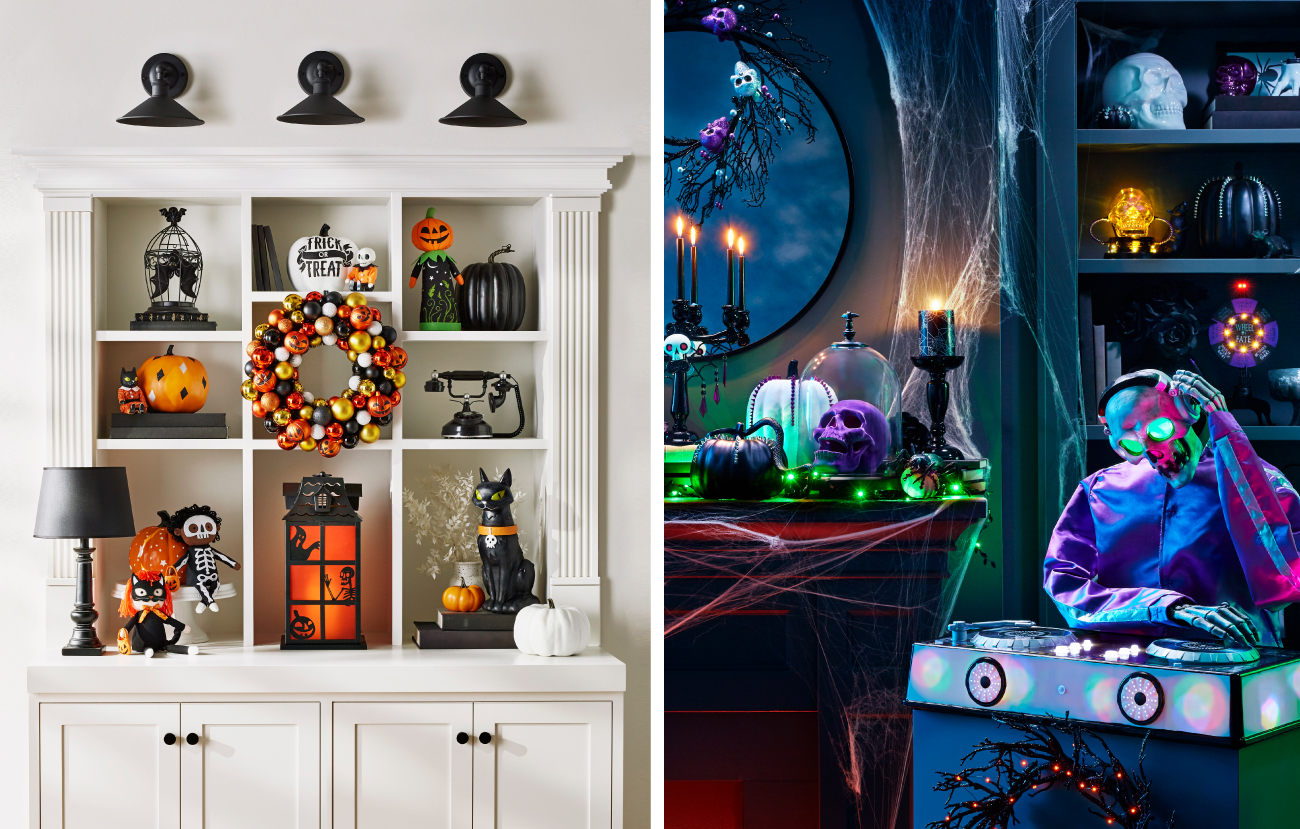 A split-screen showing pumpkin and spooky home decor