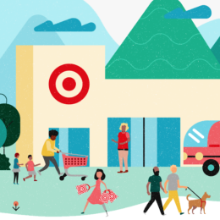 An illustrated cityscape and a diverse group of people interacting and shopping at Target.