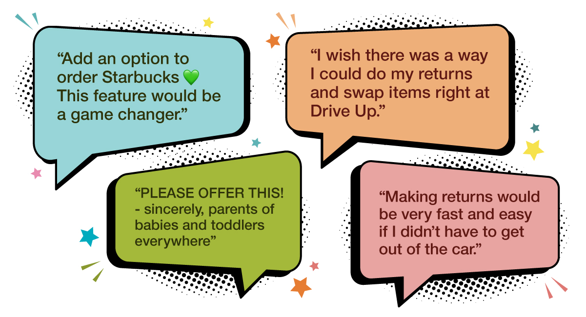 An illustration featuring four speech bubbles in blue, green, orange and pink with real quotes from guests.