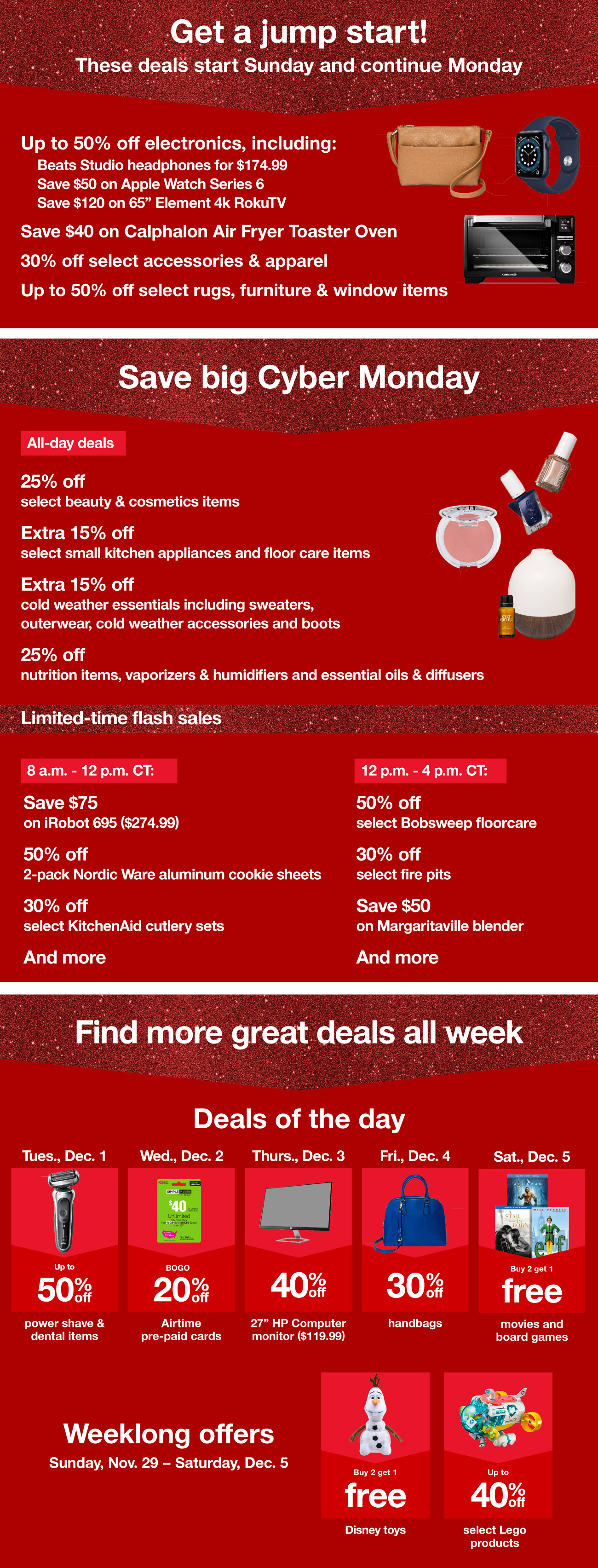 An infographic with white text on a red and red glitter background, detailing Target's Cyber Week deals and showing images of multiple products.
